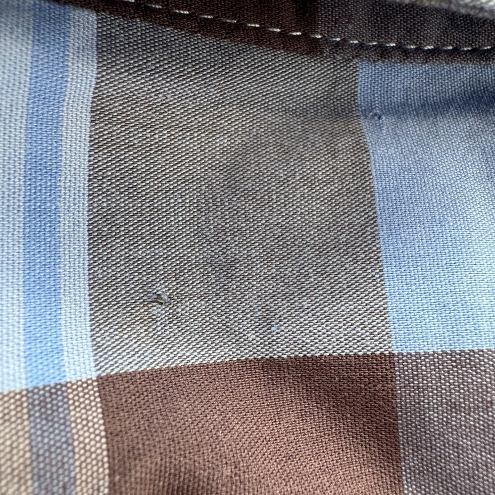 Mason James Mens Small Blue Brown Plaid Short Sleeve Stretch Button Down Shirt - Picture 6 of 9